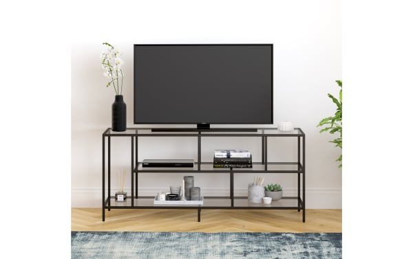 Prest 55'' Blackened Bronze TV Stand with handcrafted black steel frame, tempered glass shelves, and open transitional design for versatile media display.