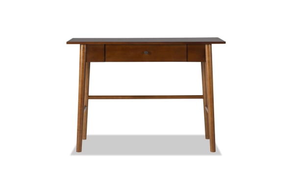 Miley Brown Desk from Miley collection, transitional style, made of rubberwood solids and MDF, mid-century modern design with warm brown finish and single drawer.