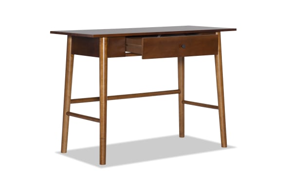 Miley Brown Desk in transitional mid-century modern style with warm brown rubberwood solids and MDF, featuring a sleek design and single drawer.