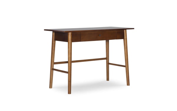 Miley Brown Desk from Miley collection, transitional style mid-century modern desk in warm brown rubberwood and MDF with a single drawer for storage.