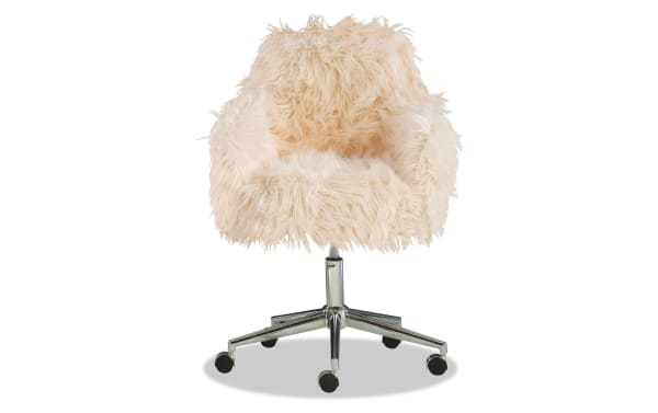 Fernanda Pink Upholstered Adjustable Swivel Office Chair with plush faux fur fabric, chrome base, rolling casters, and transitional style.