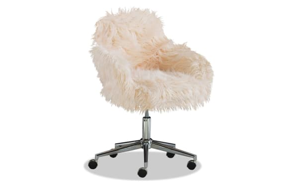 Fernanda Pink Upholstered Adjustable Swivel Office Chair with plush faux fur fabric, chrome base, rolling casters, and transitional style.