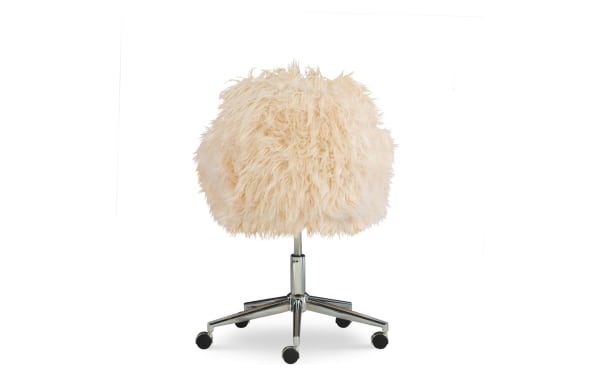 Fernanda Pink Upholstered Adjustable Swivel Office Chair with plush pink faux fur fabric, chrome base, rolling casters, and adjustable height.