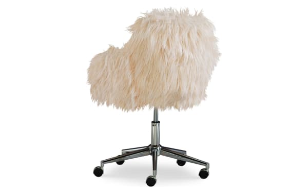 Fernanda Pink Upholstered Adjustable Swivel Office Chair with plush faux fur fabric, chrome base, rolling casters, and transitional style.