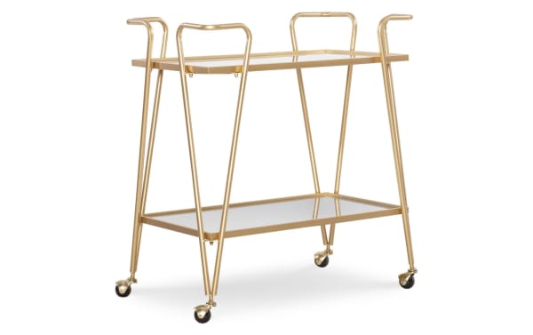 Beau Gold Bar Cart with mid-century modern style, gold steel frame, mirror shelves, and caster wheels for stylish, mobile bar storage and entertaining.
