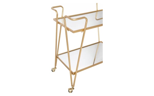 Beau Gold Bar Cart with mid-century modern style, gold-finished steel frame, and two mirrored shelves on caster wheels for stylish storage.