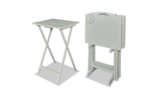 Compass Gray Folding Tray Table set of 4 with transitional style, rubberwood and MDF construction, gray planked tops featuring compass design, includes foldable trays and a stand with handle for easy storage and transport.