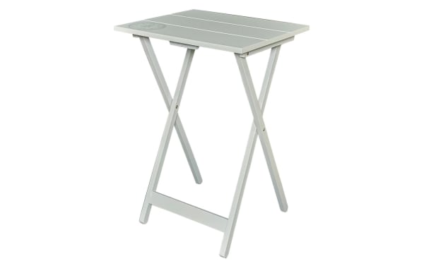 Compass Gray Folding Tray Table with rubberwood and MDF construction, transitional style, foldable TV tray with compass design on gray planked top.