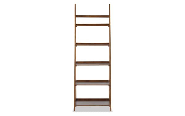 Miley 72'' brown 5-shelf transitional bookcase with rubberwood solids and MDF, featuring a sleek mid-century modern design and ample storage space.