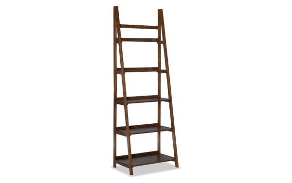 Miley 72'' brown 5-shelf bookcase in transitional style, made of rubberwood solids and MDF, with a sleek mid-century modern design and ample storage.