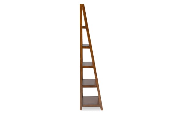 72-inch Miley transitional brown 5-shelf bookcase in rubberwood solids and MDF with a sleek mid-century modern design.