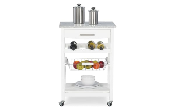 Daphne White Granite Kitchen Cart with Drawer in transitional style, featuring solid pine frame, granite top, pull-out wire basket, bottom shelf, and caster wheels for mobility.