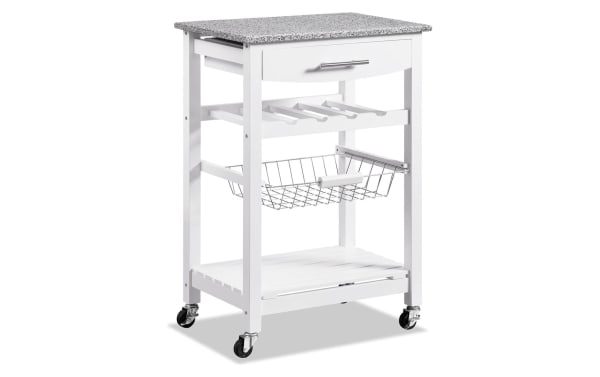 Daphne White Granite Kitchen Cart with Drawer features a solid pine and MDF frame, steel wire basket, and granite top. This transitional style mobile kitchen island includes a pull-out drawer, wine rack, bottom shelf, and caster wheels for easy mobility.