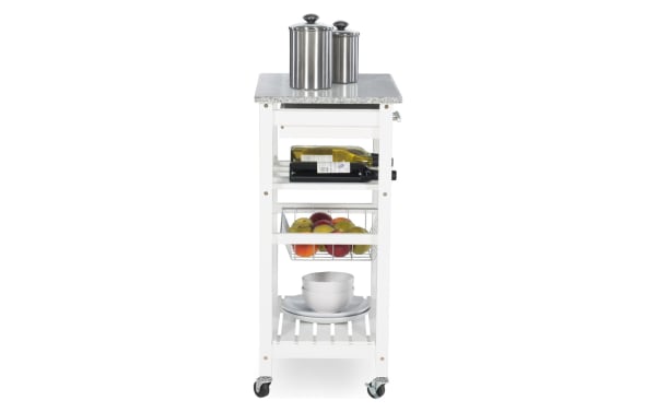 Daphne White Granite Kitchen Cart with Drawer, transitional style, solid pine and MDF frame, steel wire basket, granite top, mobile with caster wheels.