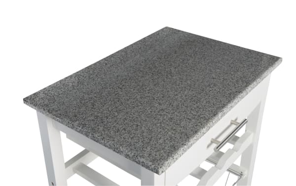 Daphne White Granite Kitchen Cart with Drawer features a solid pine and MDF frame, steel handle, and a smooth gray granite countertop in transitional style.
