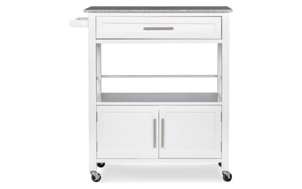 Kamara White Granite Kitchen Cart with Drawer features a white rubberwood and MDF frame, granite top, two-door cabinet, drawer, towel rack, and caster wheels for mobility.