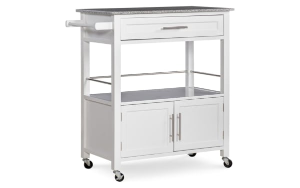 Kamara White Granite Kitchen Cart with Drawer, transitional style, rubberwood and MDF frame, granite top, two-door cabinet, metal handles, and casters for mobility.