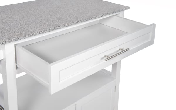 Kamara White Granite Kitchen Cart with Drawer featuring a spacious white rubberwood and MDF drawer, transitional style, and speckled granite countertop.