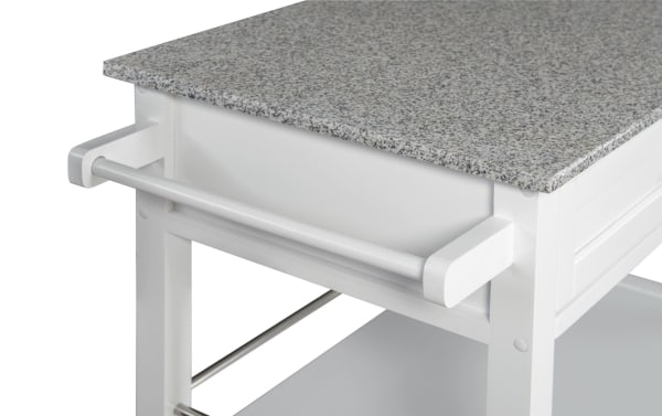 Kamara White Granite Kitchen Cart with Drawer featuring a speckled granite top, white rubberwood frame, and towel bar in transitional style