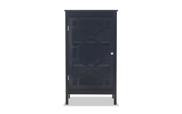 Chase Black Small Cabinet in transitional style with black MDF frame, glass pane door with geometric overlay, silver pull, and two interior shelves.