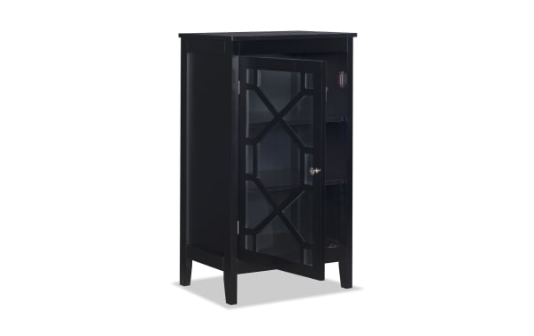 Chase Black Small Cabinet in transitional style with MDF frame, glass pane door, silver pull, and two interior shelves for dining or entryway storage.