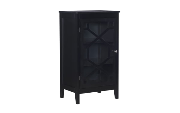 Chase Black Small Cabinet in transitional style with black MDF frame, glass paneled door with geometric overlay, silver pull, and two interior shelves.