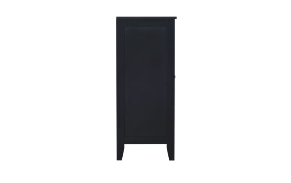 Chase Black Small Cabinet in transitional style, made of black MDF with glass pane door and silver pull handle, featuring two interior shelves.