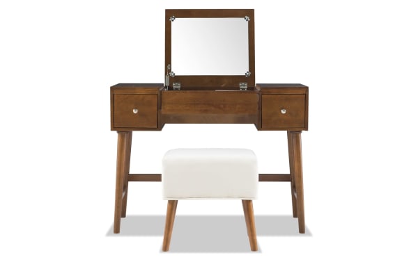 Abel Brown Lift-Top 2 Drawer Vanity Set in beige transitional style with rubberwood, MDF, and polyester fabric. Features flip-top mirror, two drawers, and cushioned stool.