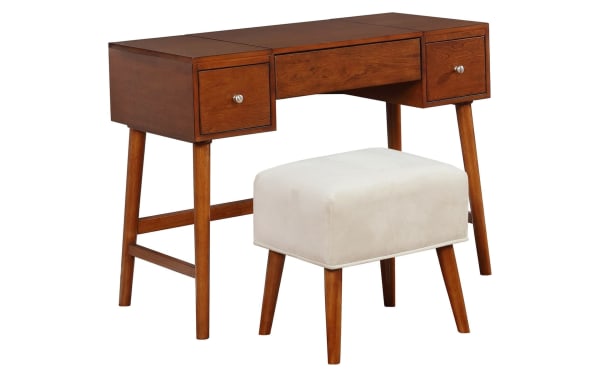 Transitional Abel Brown Lift-Top Vanity Set in beige with rubberwood frame, two drawers, flip-top mirror, and cushioned polyester fabric stool.
