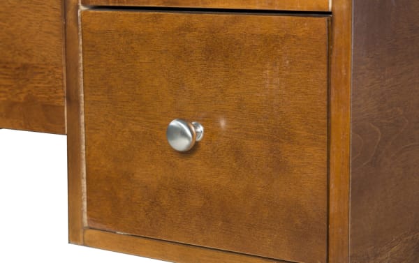 Transitional style beige rubberwood vanity drawer with smooth metal knob, part of Abel Brown Lift-Top 2 Drawer Vanity Set for organized storage.