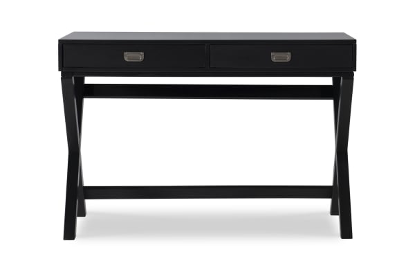 Rory Black 2 Drawer Writing Desk in transitional style with black MDF and rubberwood solids, featuring silver hardware and sturdy X-shaped legs.