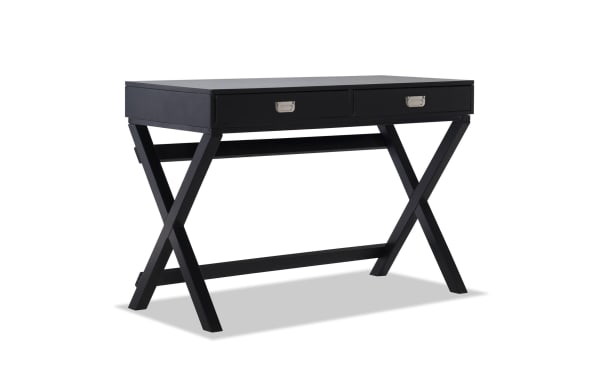 Rory Black 2 Drawer Writing Desk in transitional style with black MDF and rubberwood solids, featuring silver hardware, X-shaped frame, and two storage drawers.