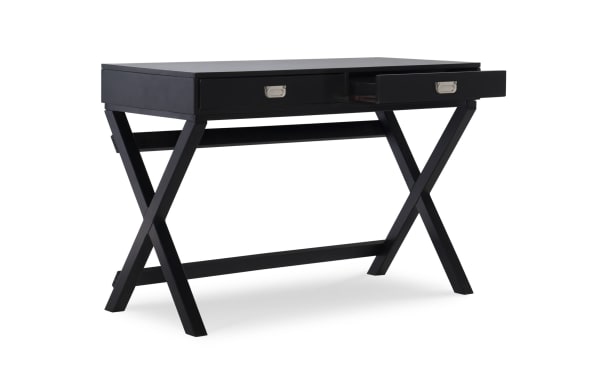 Rory Black 2 Drawer Writing Desk in transitional style with black MDF and rubberwood solids, featuring silver hardware, sturdy X-shaped legs, and two storage drawers.