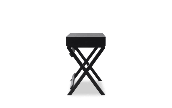 Rory Black 2 Drawer Writing Desk with sleek black MDF and rubberwood frame, transitional style, X-shaped legs, and silver hardware.