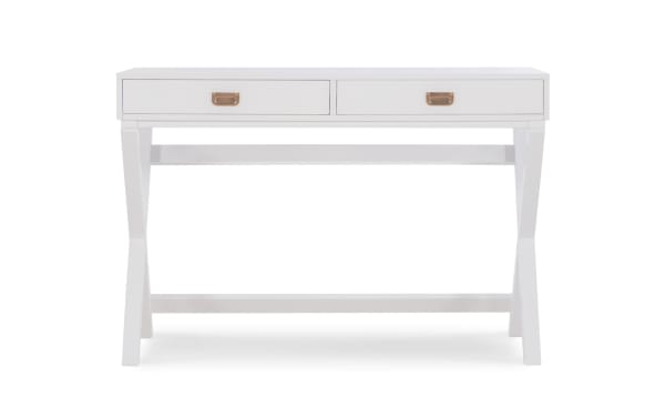 Rory White 2 Drawer Writing Desk with transitional style, white MDF and rubberwood solid frame, X-shaped legs, silver drawer pulls, and two storage drawers for office organization.
