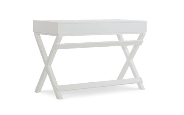 Rory White 2 Drawer Writing Desk in transitional style with white MDF and rubberwood solids, featuring an X-shaped frame and silver hardware.