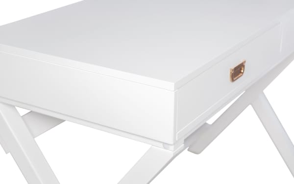 White Rory 2 Drawer Writing Desk with transitional style, MDF and rubberwood solids, featuring sturdy X-shaped legs and silver drawer pulls