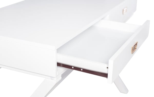 White Rory 2 Drawer Writing Desk with transitional style, MDF and rubberwood solids, featuring silver hardware, X-shaped legs, and spacious pull-out drawers for office storage.