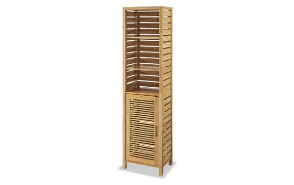 Branson Natural Cabinet in transitional style, made of natural bamboo with three open upper shelves and one lower door concealing three shelves for bathroom or linen storage.
