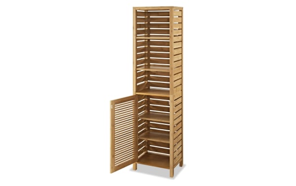 Branson Natural Cabinet in transitional style, made of natural bamboo with slatted door and open upper shelves for versatile linen and bathroom storage.