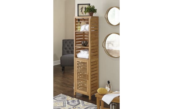 Branson Natural Cabinet from Branson collection, a tall transitional bamboo storage unit with three open upper shelves and one lower door.