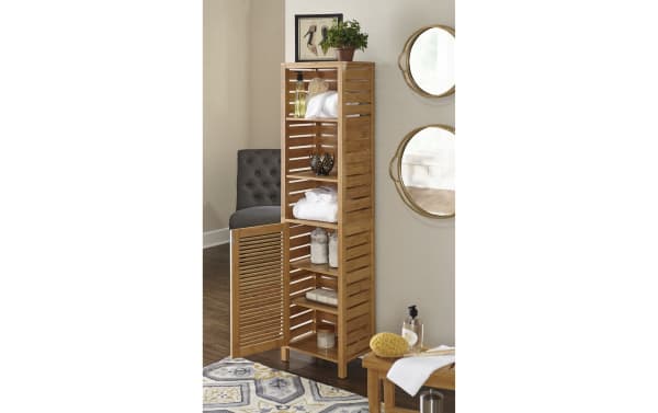 Branson Natural Cabinet from Branson collection, transitional style tall bamboo storage with one door and four open shelves for bathroom linens and essentials.
