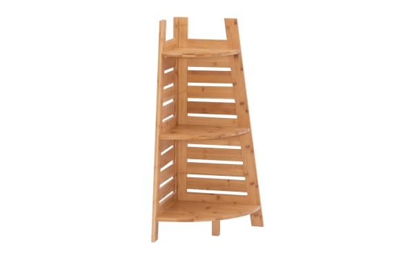 Branson Natural Bamboo Corner Shelf with three solid bamboo shelves in natural finish, transitional style for compact storage and display.