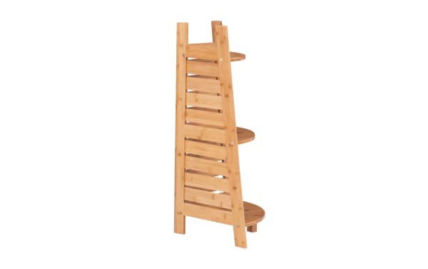 Branson Natural Bamboo Corner Shelf in transitional style with three round shelves, crafted from sturdy natural bamboo for compact storage.