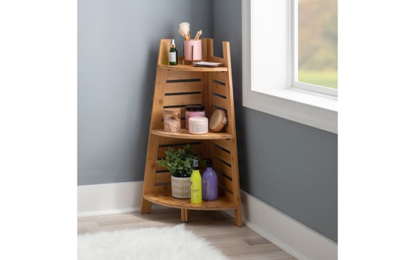 Branson Natural Bamboo Corner Shelf in transitional style with three solid bamboo shelves, designed for compact storage in small spaces.
