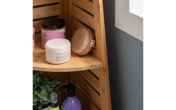 Branson Natural Bamboo Corner Shelf in transitional style with three solid bamboo shelves, designed for durable, space-saving storage in small areas.