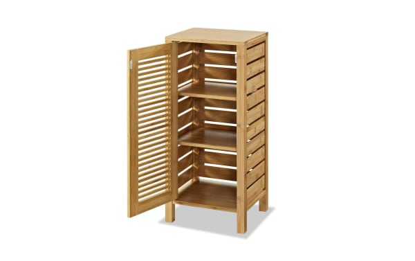 Branson Natural Floor Cabinet in bamboo with one slatted door and three shelves, transitional style for bathroom storage and organization.