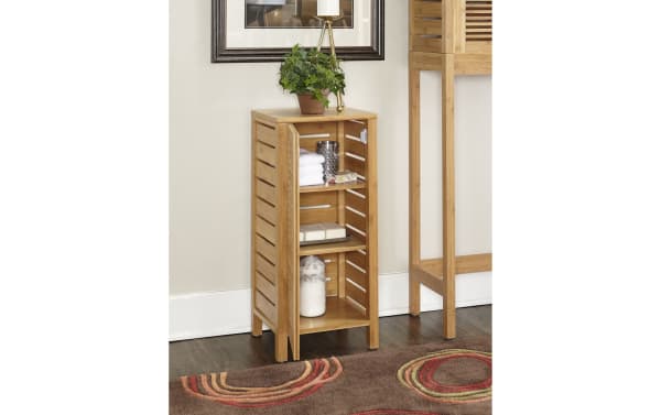 Branson Natural Floor Cabinet in bamboo with one door and three shelves, transitional style for bathroom storage and organization.