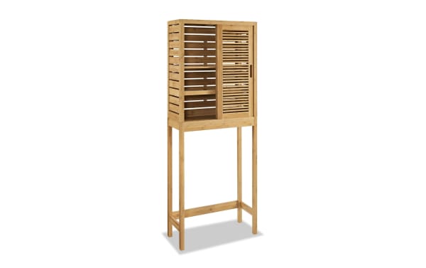 Branson Natural Over the Toilet Space Saver Cabinet in bamboo with two sliding slatted doors, three shelves, and tall legs for small bathroom storage.