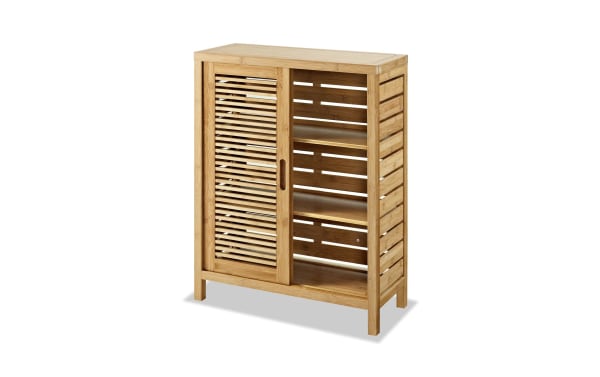 Branson Natural Floor Cabinet in transitional style, made of natural bamboo with two sliding doors and three shelves for bathroom storage.